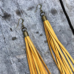 Load image into Gallery viewer, Leather Tassel Earrings - Gold, Long Boho Western Earrings
