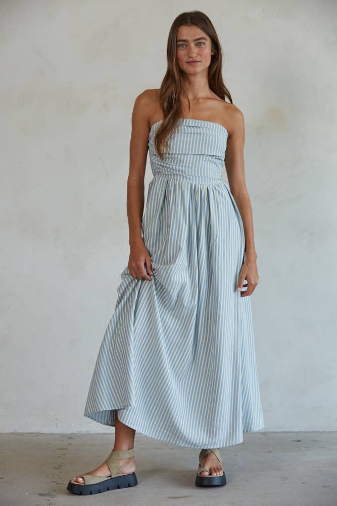 blue and white striped strapless maxi dress Blue and White Stripe Strapless Maxi Dress Charlotte Heart Boutique