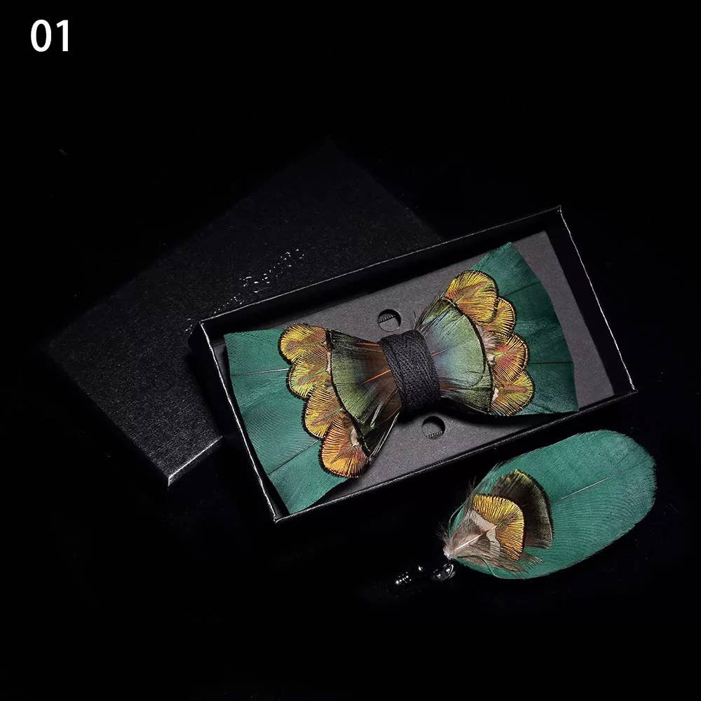 Feather Bow Tie & Lapel Pin Set