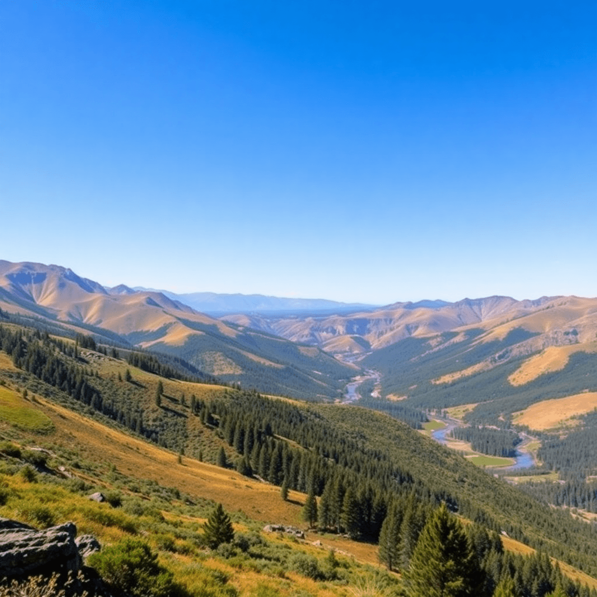 A picturesque landscape of Nevada County with rolling hills, lush greenery, a clear blue sky, and elements representing Nisenan culture like crafts, a river, an