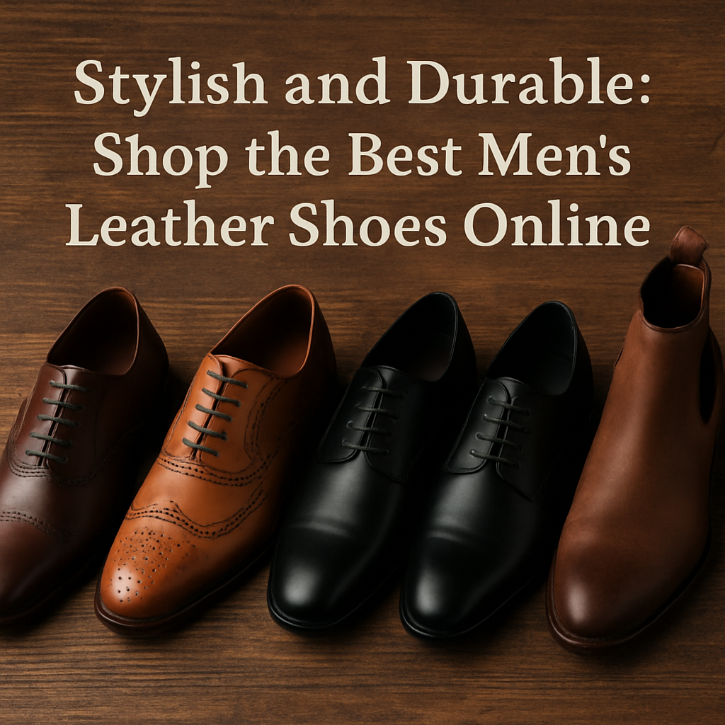 Four pairs of men’s leather shoes dark brown Oxfords, tan brogues, black Derbies, and brown Chelsea boots neatly arranged on a wooden surface beneath the headline 'Stylish and Durable: Shop the Best Men's Leather Shoes Online