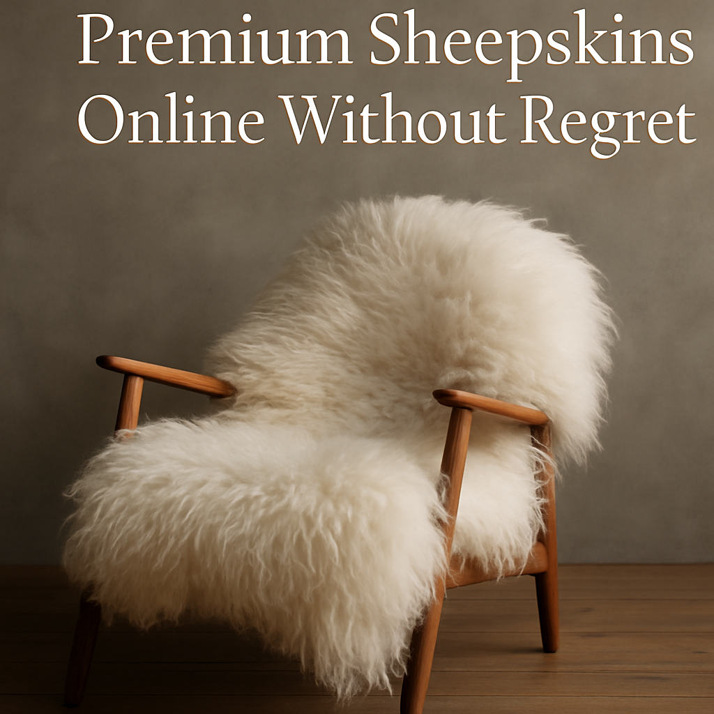 A plush white sheepskin rug draped over a mid-century wooden armchair, set against a gray wall with wood flooring, featuring the headline 'Premium Sheepskins Online Without Regret' in bold white font.