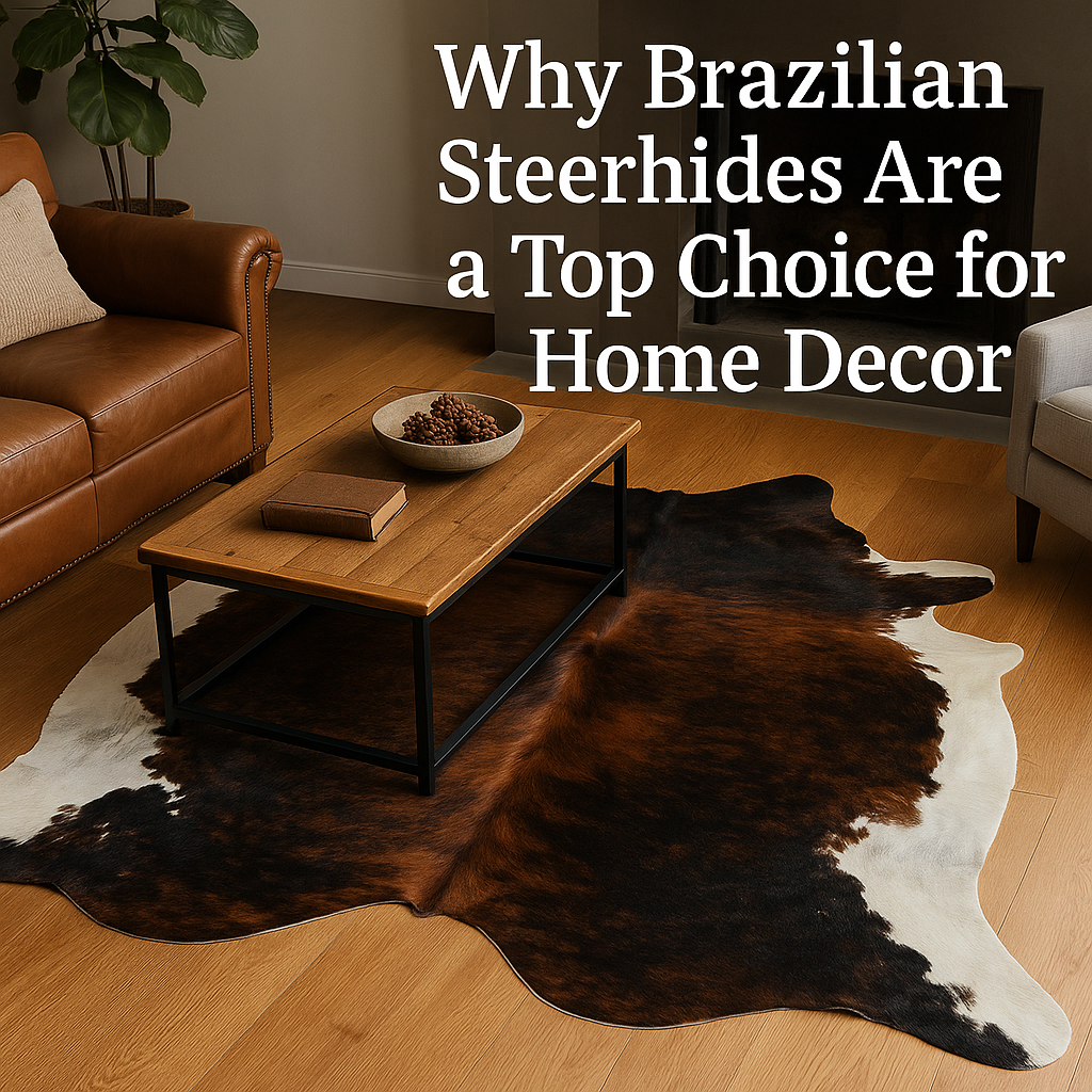 Cozy living room featuring a Brazilian cowhide rug with white, black, and brown patterns under a wooden coffee table, paired with a leather sofa and neutral decor, highlighted by soft lighting.
