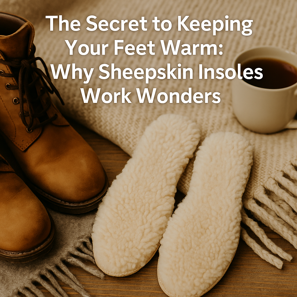 Sheepskin insoles placed beside tan boots on a wooden surface with a wool blanket and mug of tea in the background, styled for cozy winter warmth.