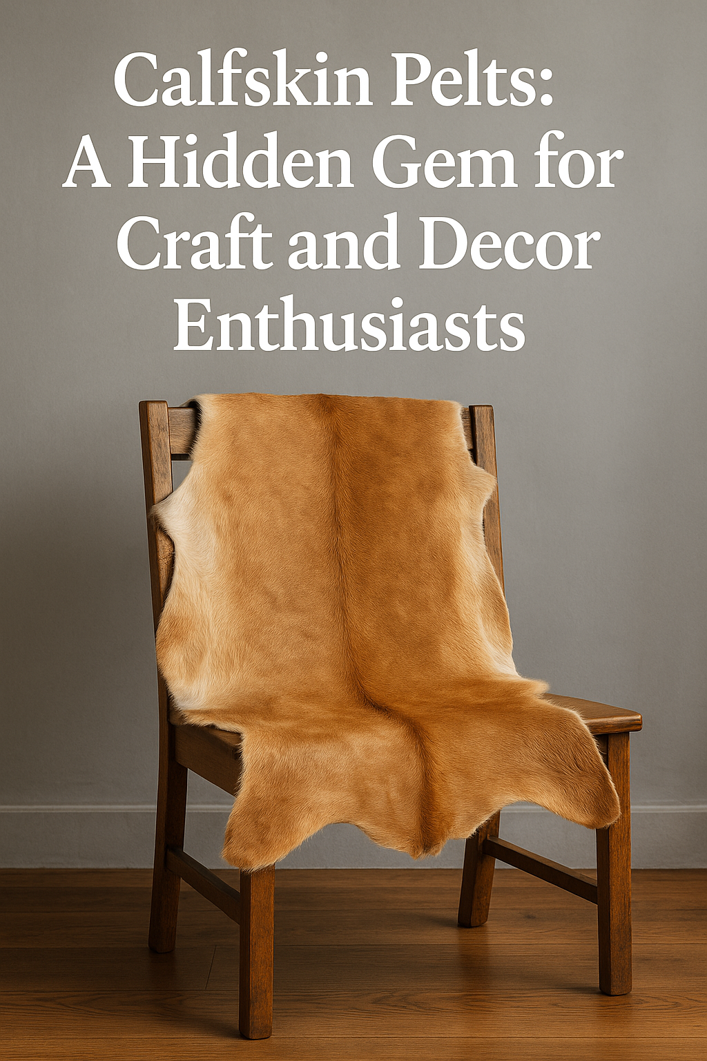 A warm-toned calfskin pelt with golden and reddish hues draped over a wooden chair, set against a soft gray wall and wood floor, under a header reading 'Calfskin Pelts: A Hidden Gem for Craft and Decor Enthusiasts.