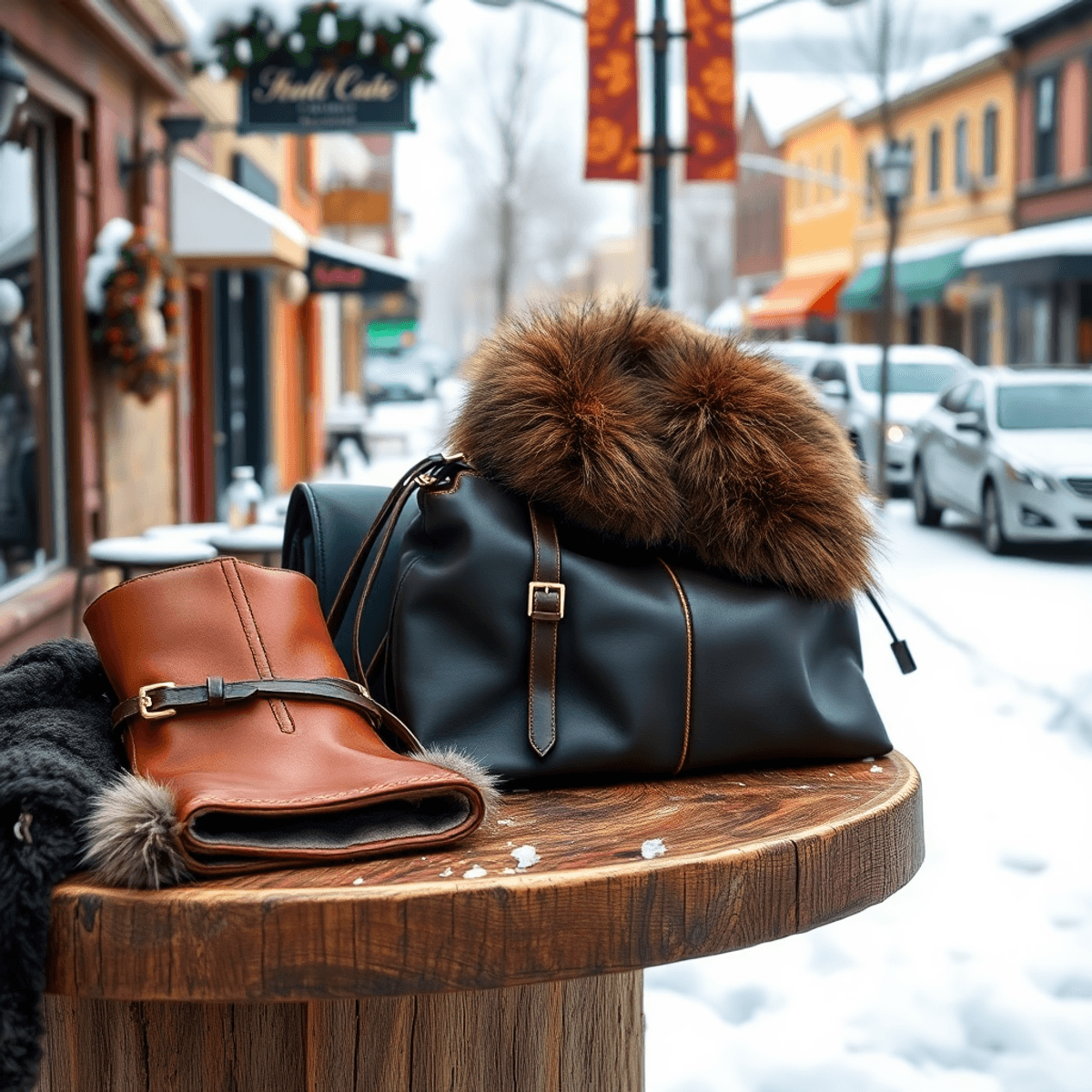 A rustic wooden table displays stylish leather and fur accessories, with snow-covered streets and charming buildings creating a cozy winter atmosphere.