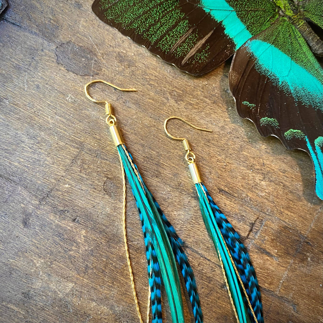 Mini Feather Earrings - Green & Turquoise Grizzly