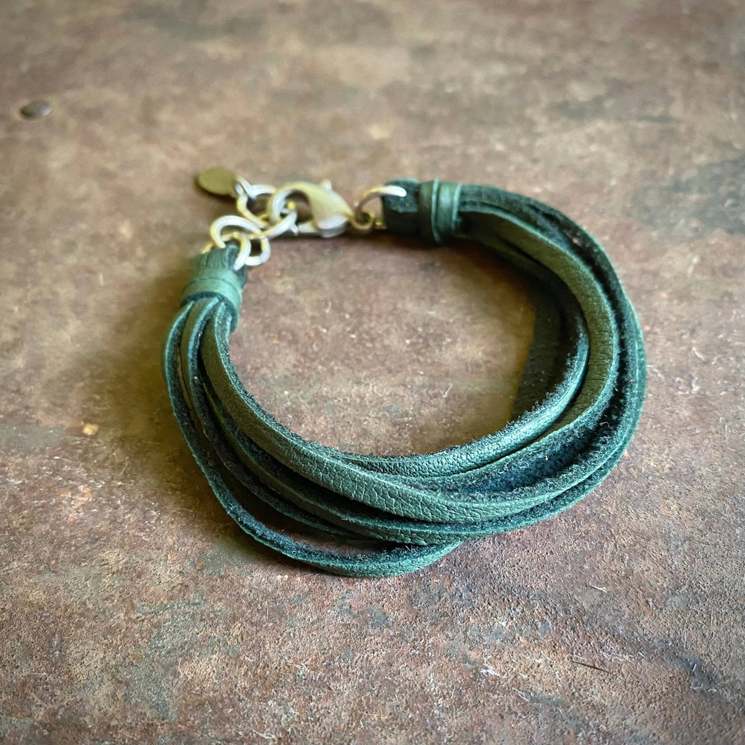 7-Strand Leather Bracelet - Hunter Green & Silver