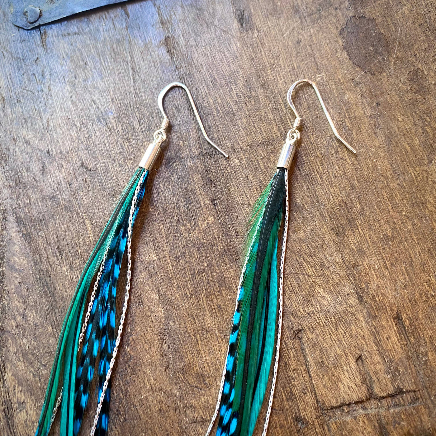 Mini Feather Earrings - Turquoise Grizzly & Silver