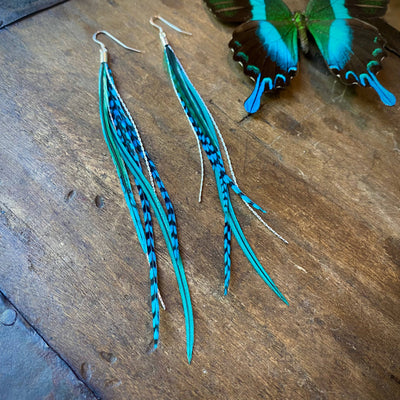 Mini Feather Earrings - Turquoise Grizzly & Silver