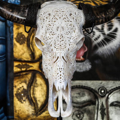 Hand Carved Buffalo Skull - Swirls 1