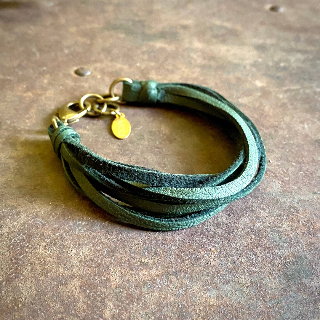 Leather 7-Strand Bracelet - Hunter Green & Brass, Western
