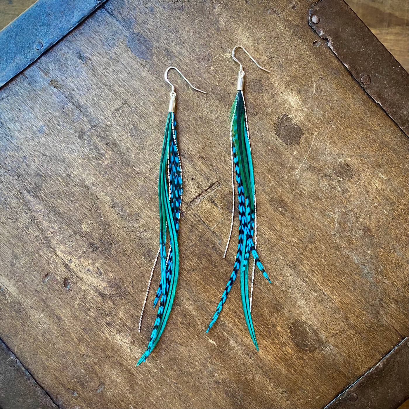 Mini Feather Earrings - Turquoise Grizzly & Silver