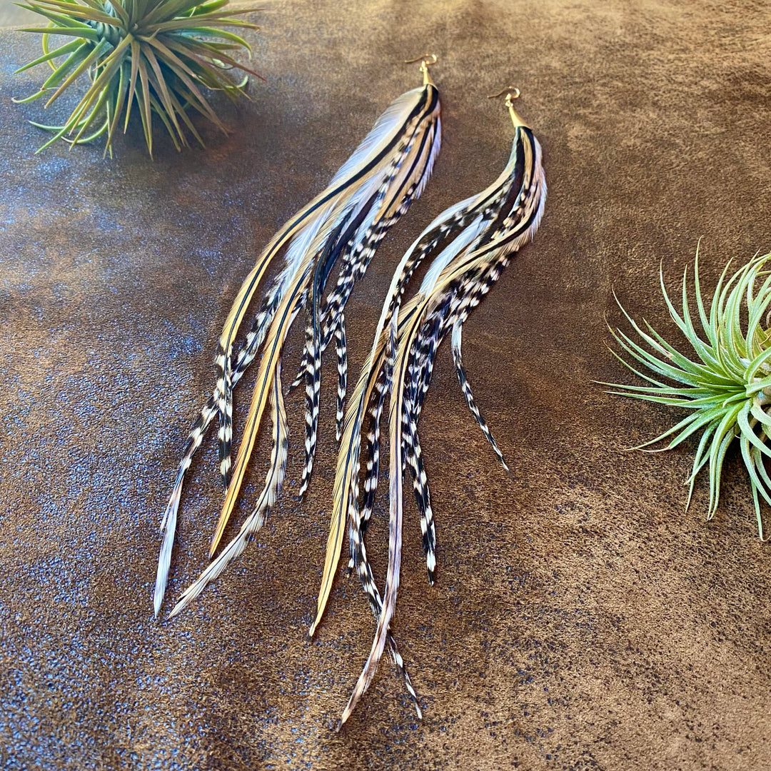 Cone Feather Earrings - Golden Black & Grizzly