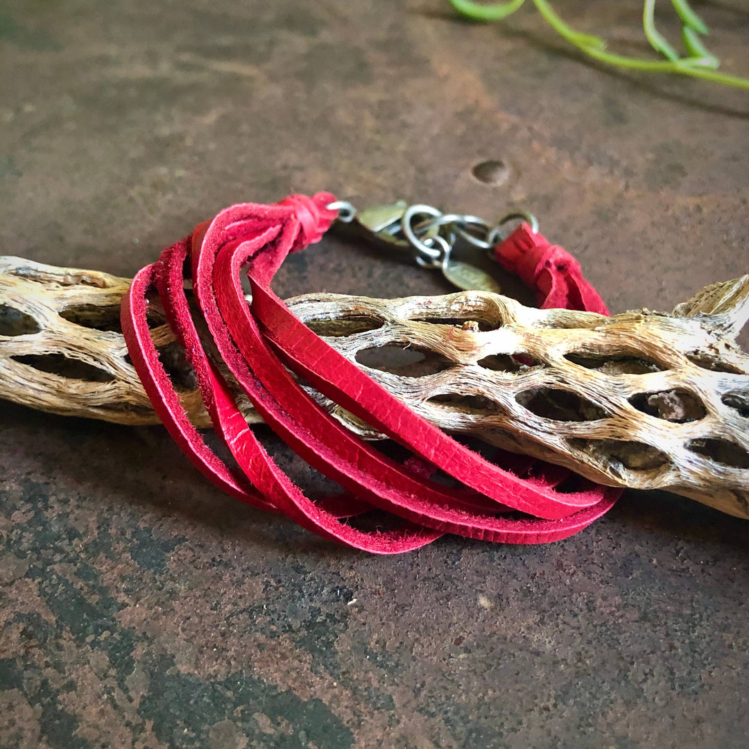 Leather 7-Strand Bracelet - Red & Silver, Boho Western Style