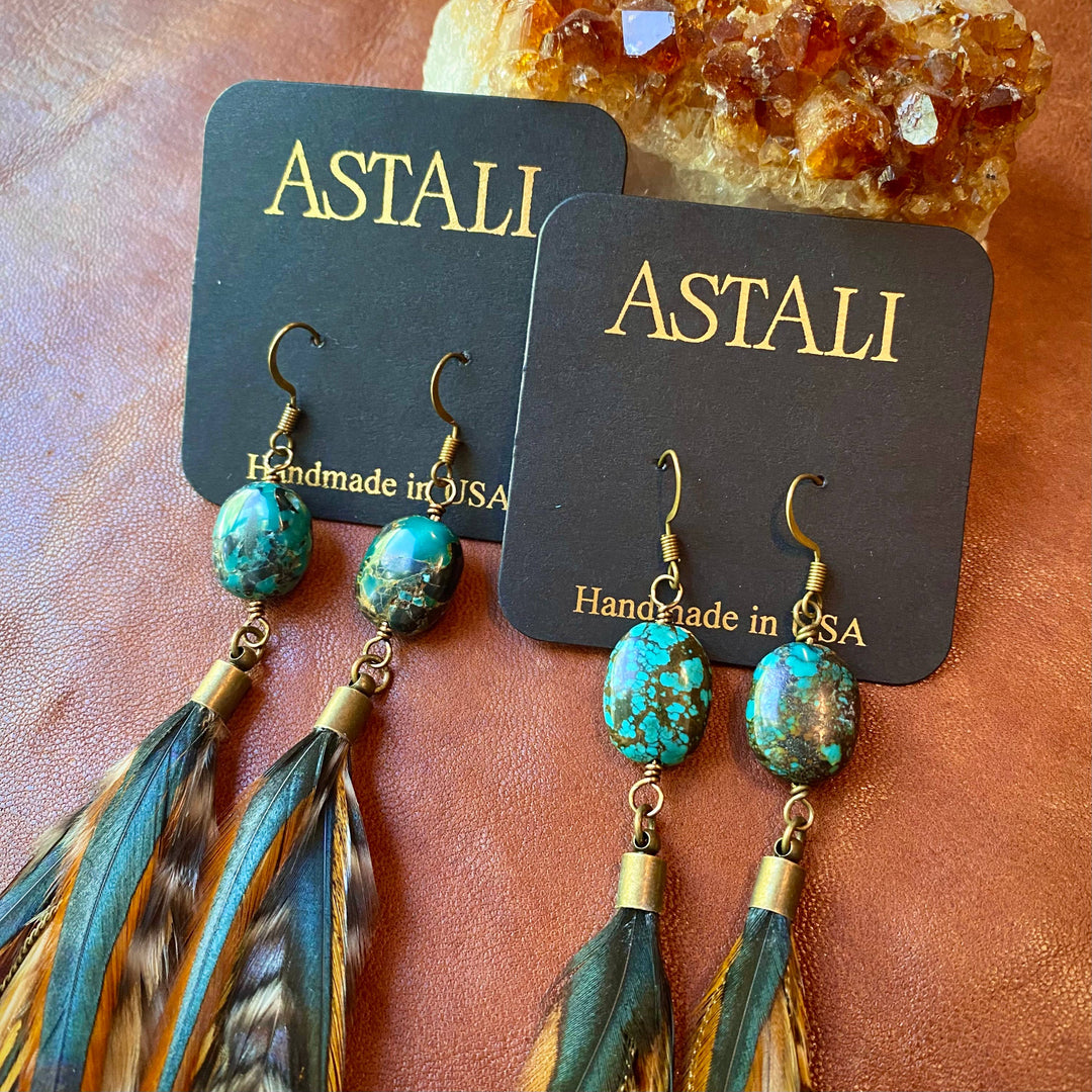 Turquoise & Feather Earrings - Cree Mix