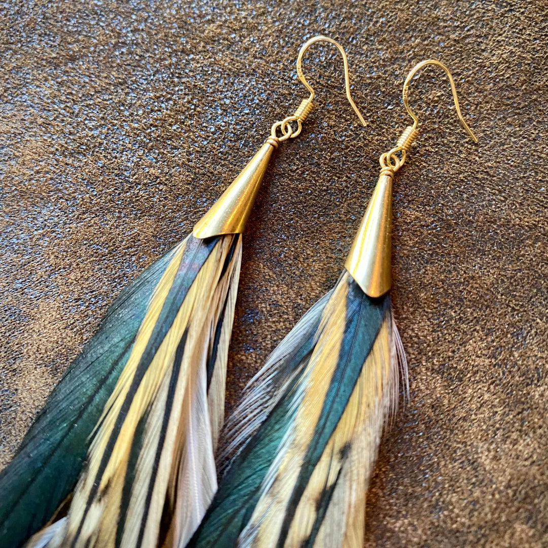 Cone Feather Earrings - Golden Black & Grizzly