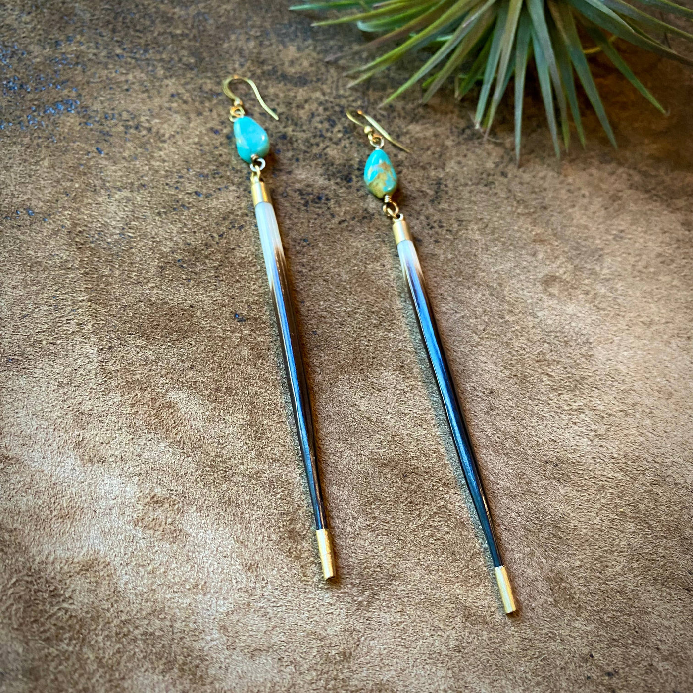 Porcupine Quill Turquoise and Brass Earrings