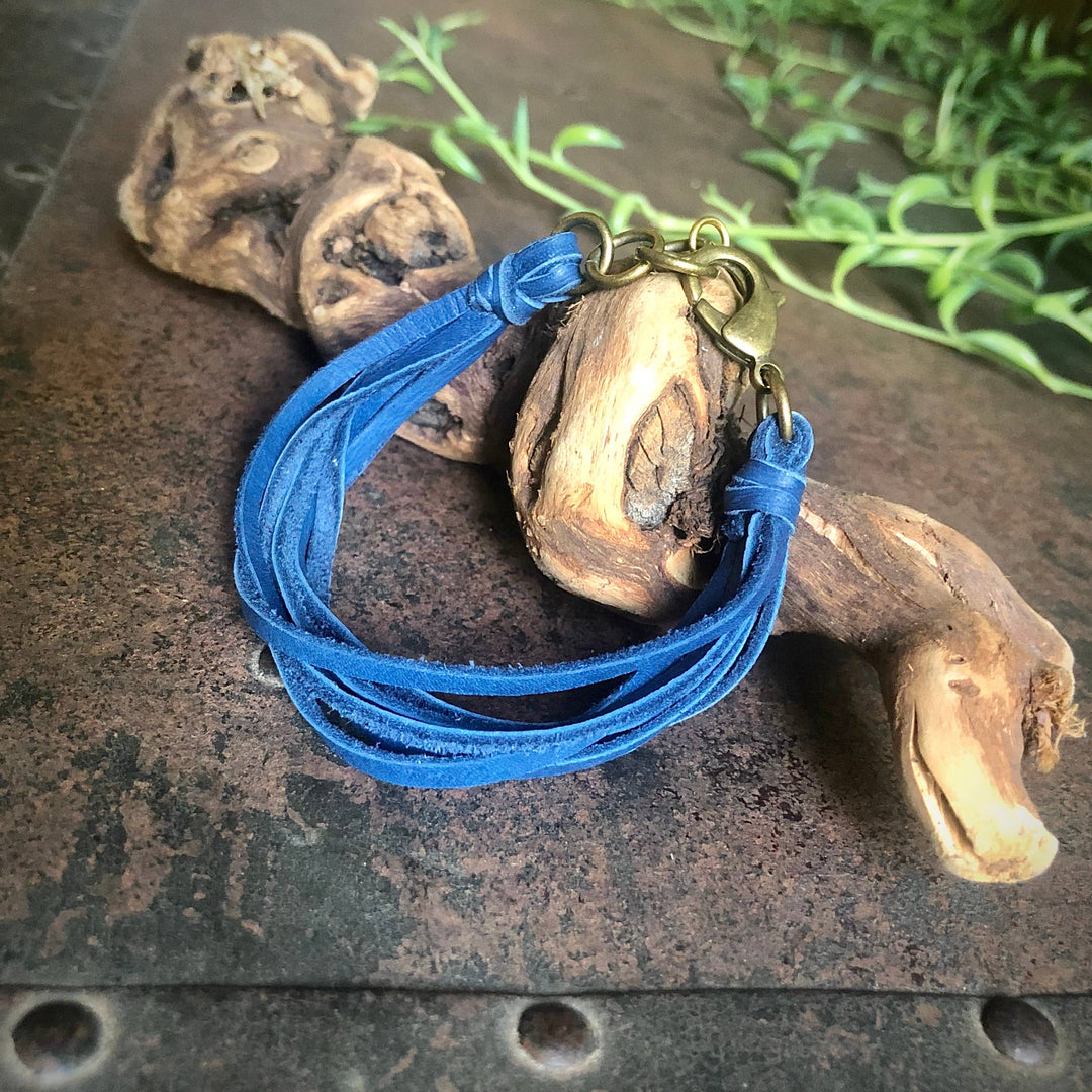 Leather 7-Strand Bracelet - Blue & Brass, Boho Western