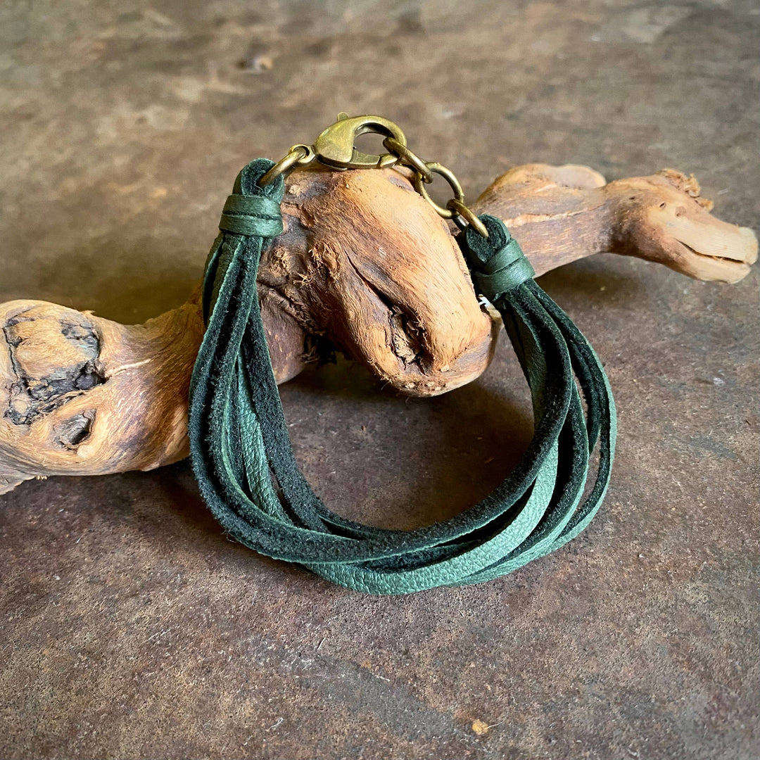 Leather 7-Strand Bracelet - Hunter Green & Brass, Western