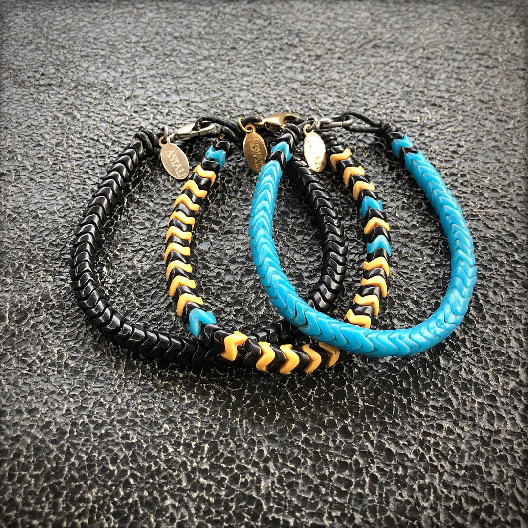 Snake Glass Bracelet - Turquoise, Chevron Bead Bracelet: Medium - 8"