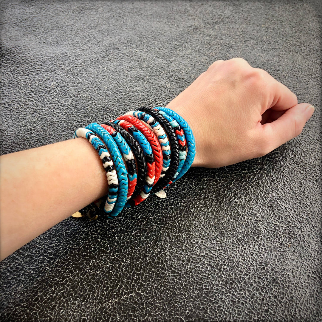 Snake Glass Bracelet - Turquoise, Chevron Bead Bracelet: Medium - 8"