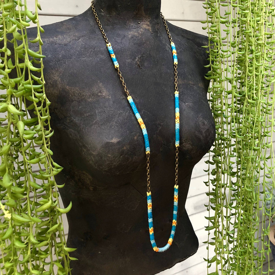 Long Snake Glass Necklace - Sunshine, Chevron Trade Bead