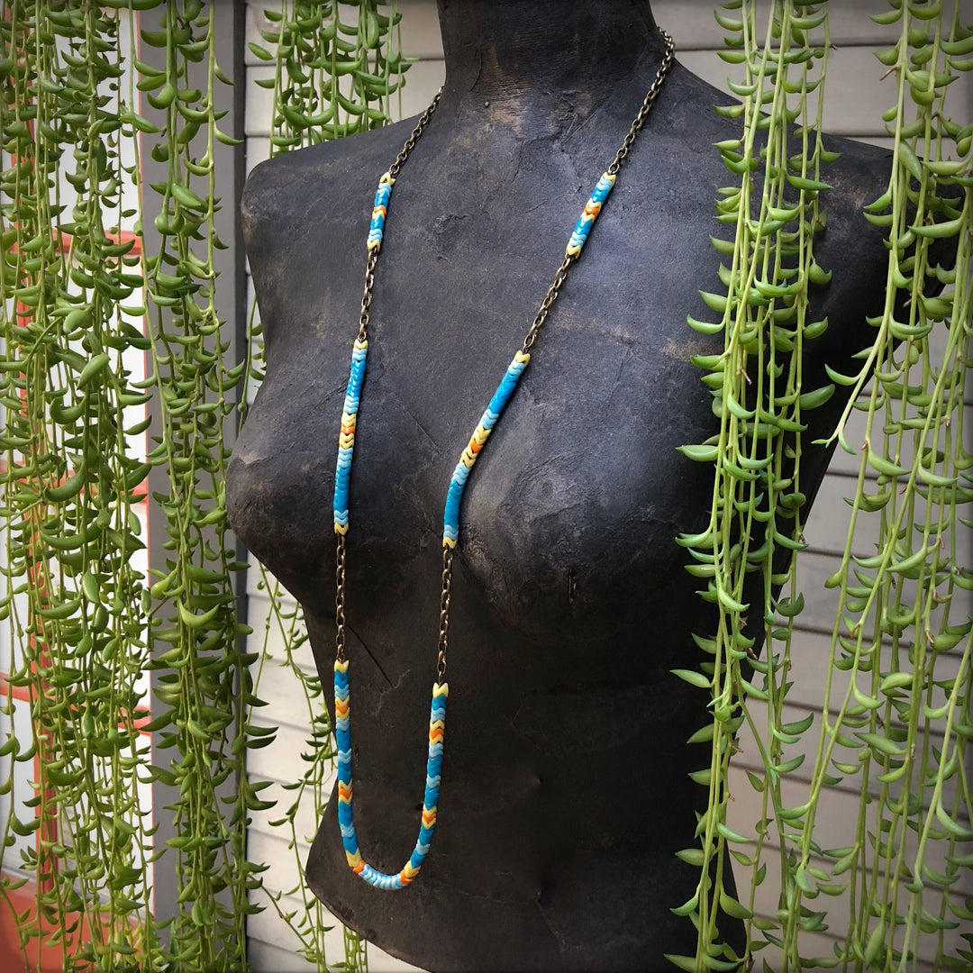 Long Snake Glass Necklace - Sunshine, Chevron Trade Bead