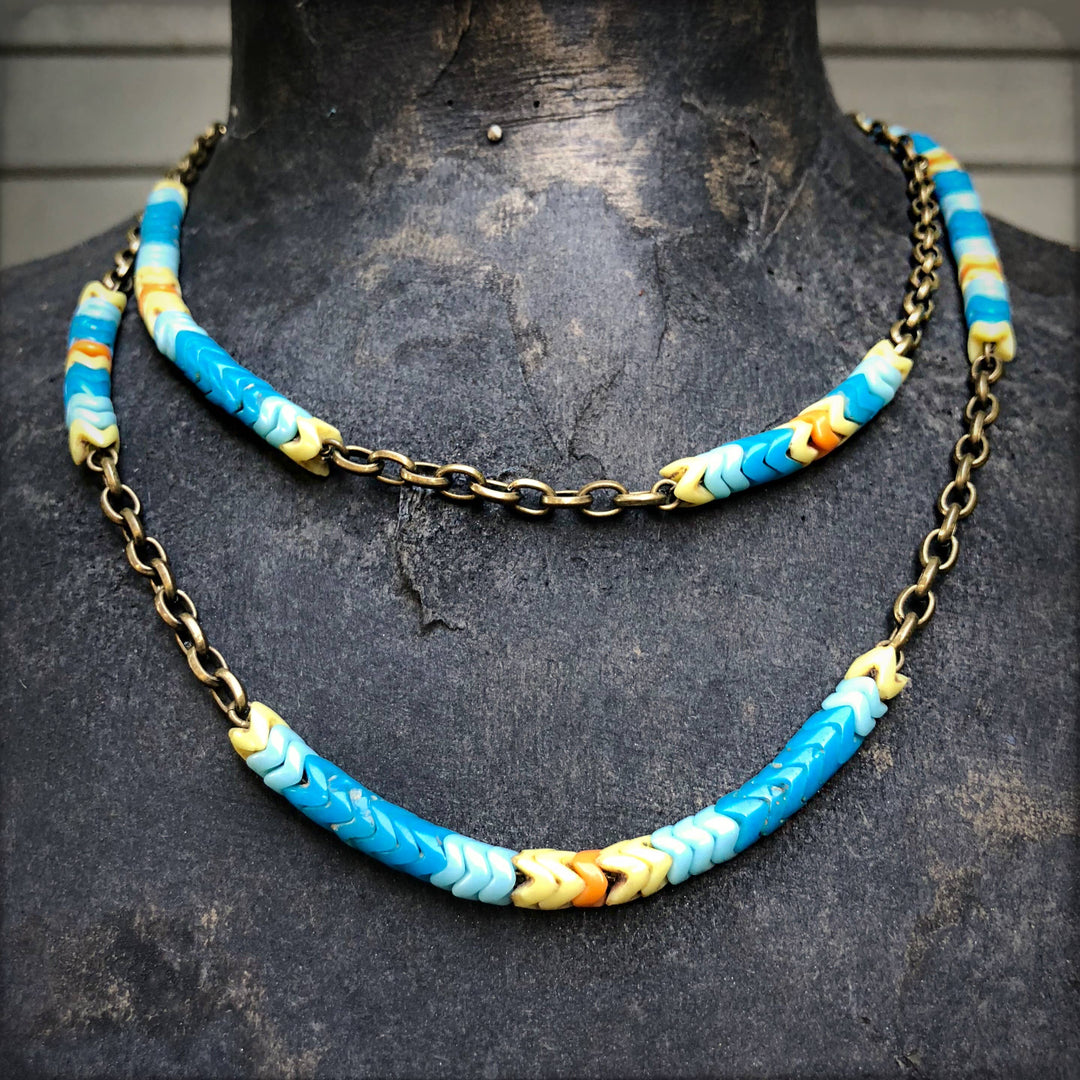 Long Snake Glass Necklace - Sunshine, Chevron Trade Bead