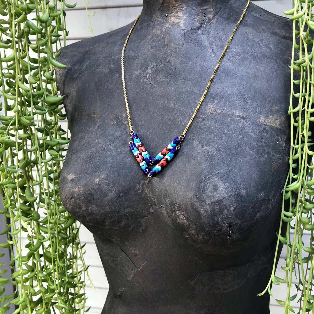 Snake Glass Chevron Necklace - Deer Run, Boho Beaded Neck