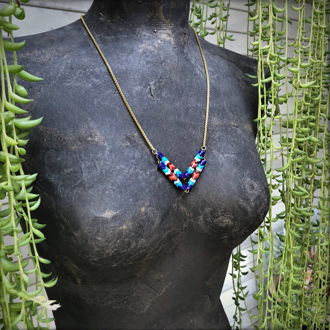 Snake Glass Chevron Necklace - Deer Run, Boho Beaded Neck