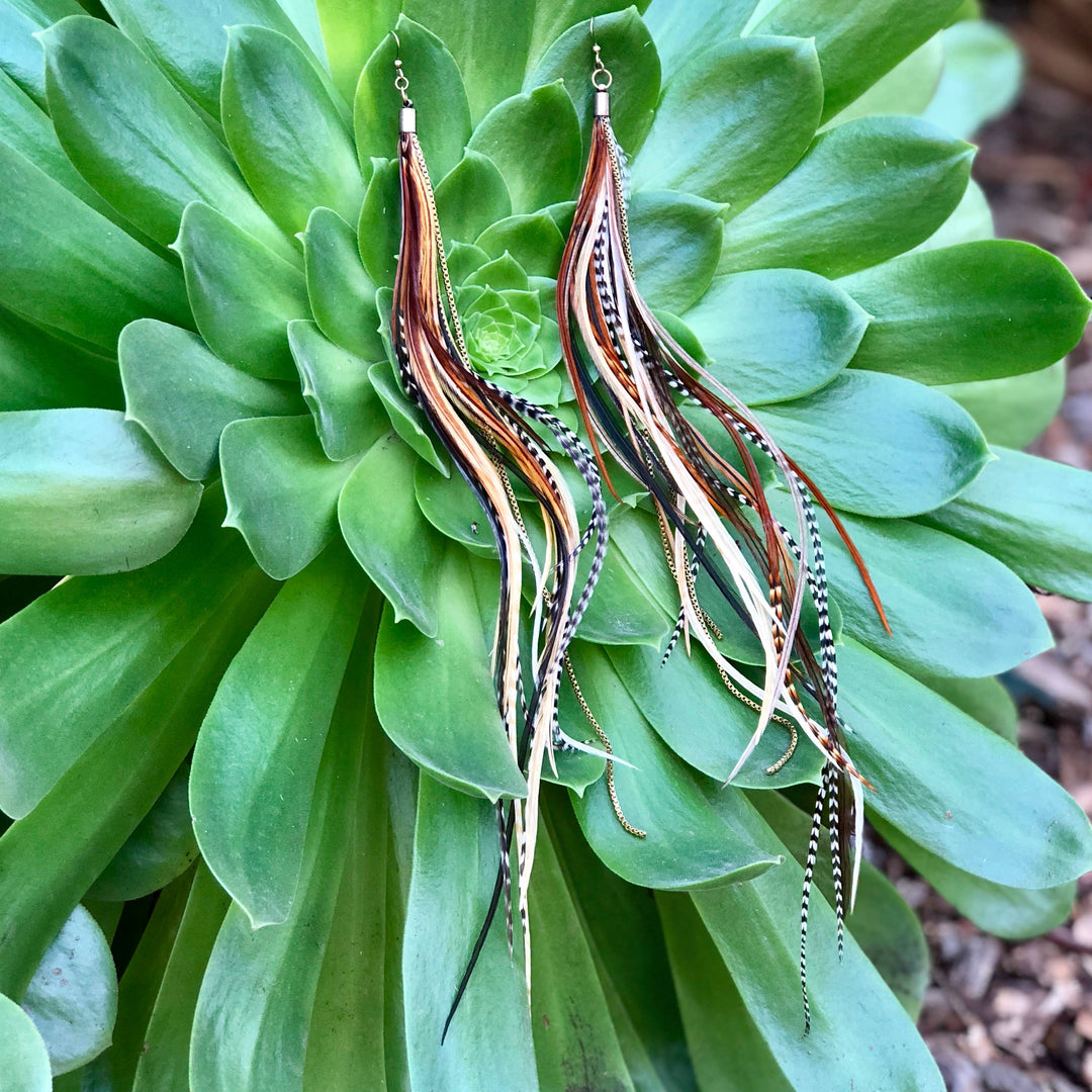 Extra Long Feather Earrings - Mixed Grizzly