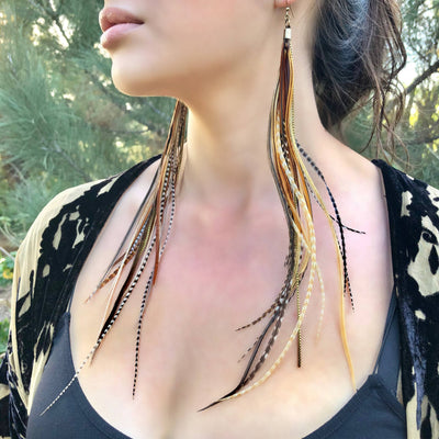 Extra Long Feather Earrings - Mixed Grizzly