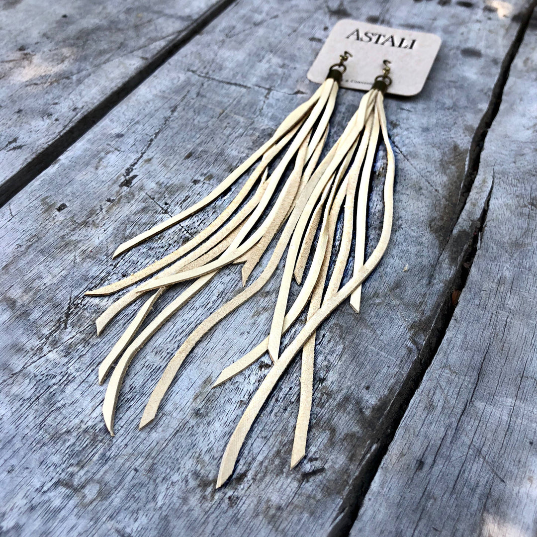 Leather Tassel Earrings - Cream, Long Boho Western Earrings
