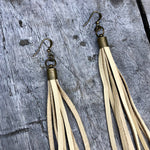 Load image into Gallery viewer, Leather Tassel Earrings - Cream, Long Boho Western Earrings
