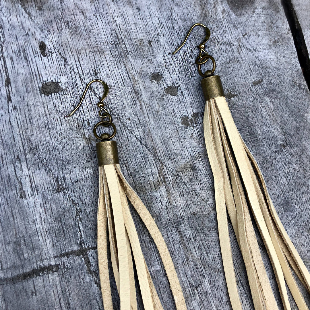 Leather Tassel Earrings - Cream, Long Boho Western Earrings