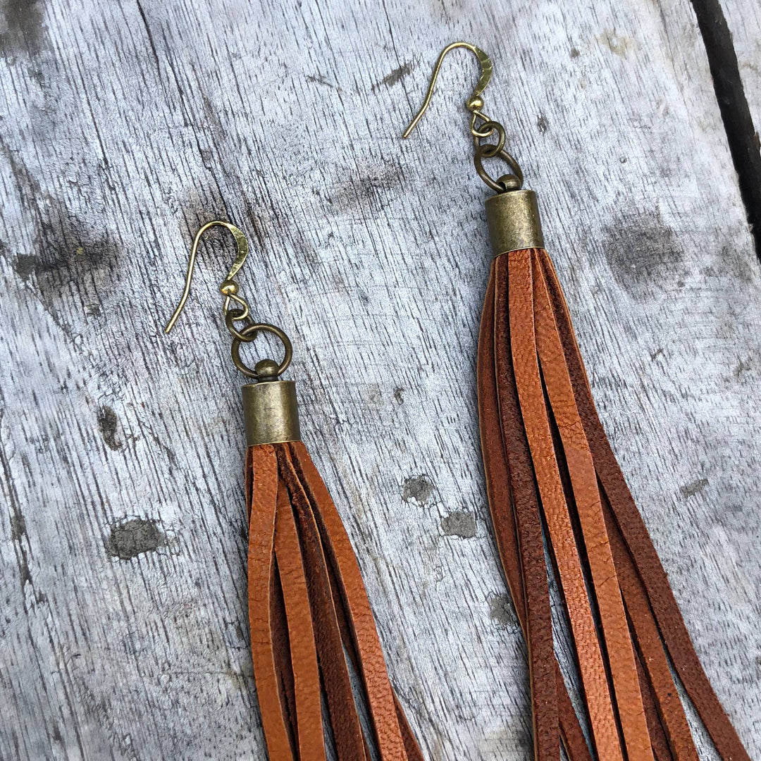 Leather Tassel Earrings - Rust, Long Boho Western Earrings
