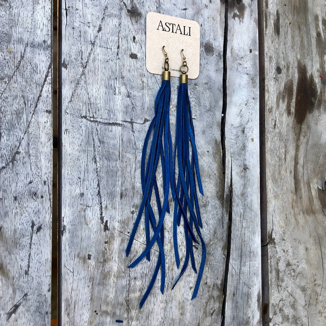 Leather Tassel Earrings - Cadet Blue, Long Boho Western