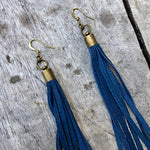 Load image into Gallery viewer, Leather Tassel Earrings - Cadet Blue, Long Boho Western
