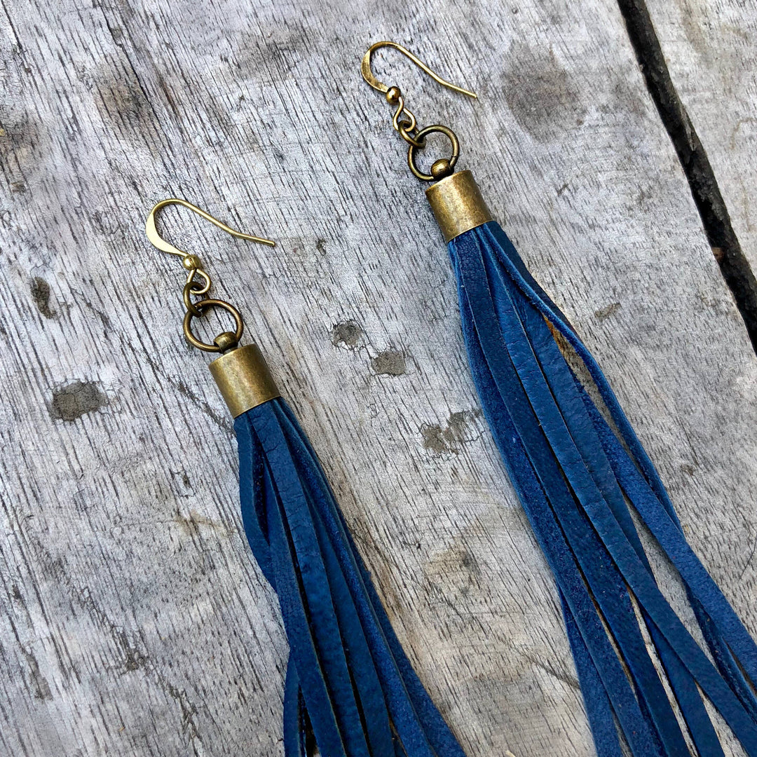 Leather Tassel Earrings - Cadet Blue, Long Boho Western