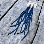 Load image into Gallery viewer, Leather Tassel Earrings - Cadet Blue, Long Boho Western
