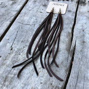 Leather Tassel Earrings - Chocolate Brown, Long Boho Western
