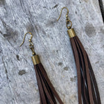 Load image into Gallery viewer, Leather Tassel Earrings - Chocolate Brown, Long Boho Western
