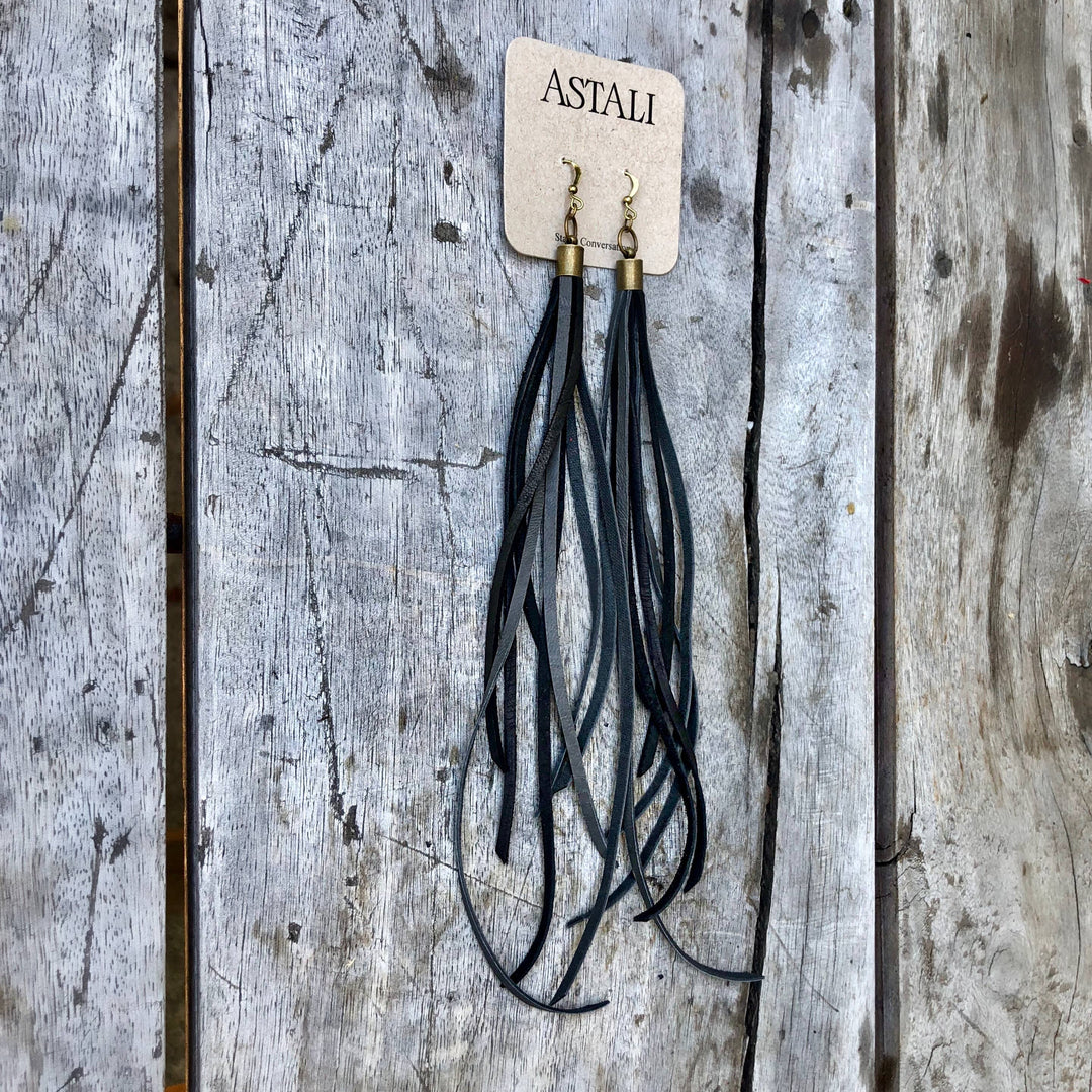 Leather Tassel Earrings - Charcoal & Black, Boho Western
