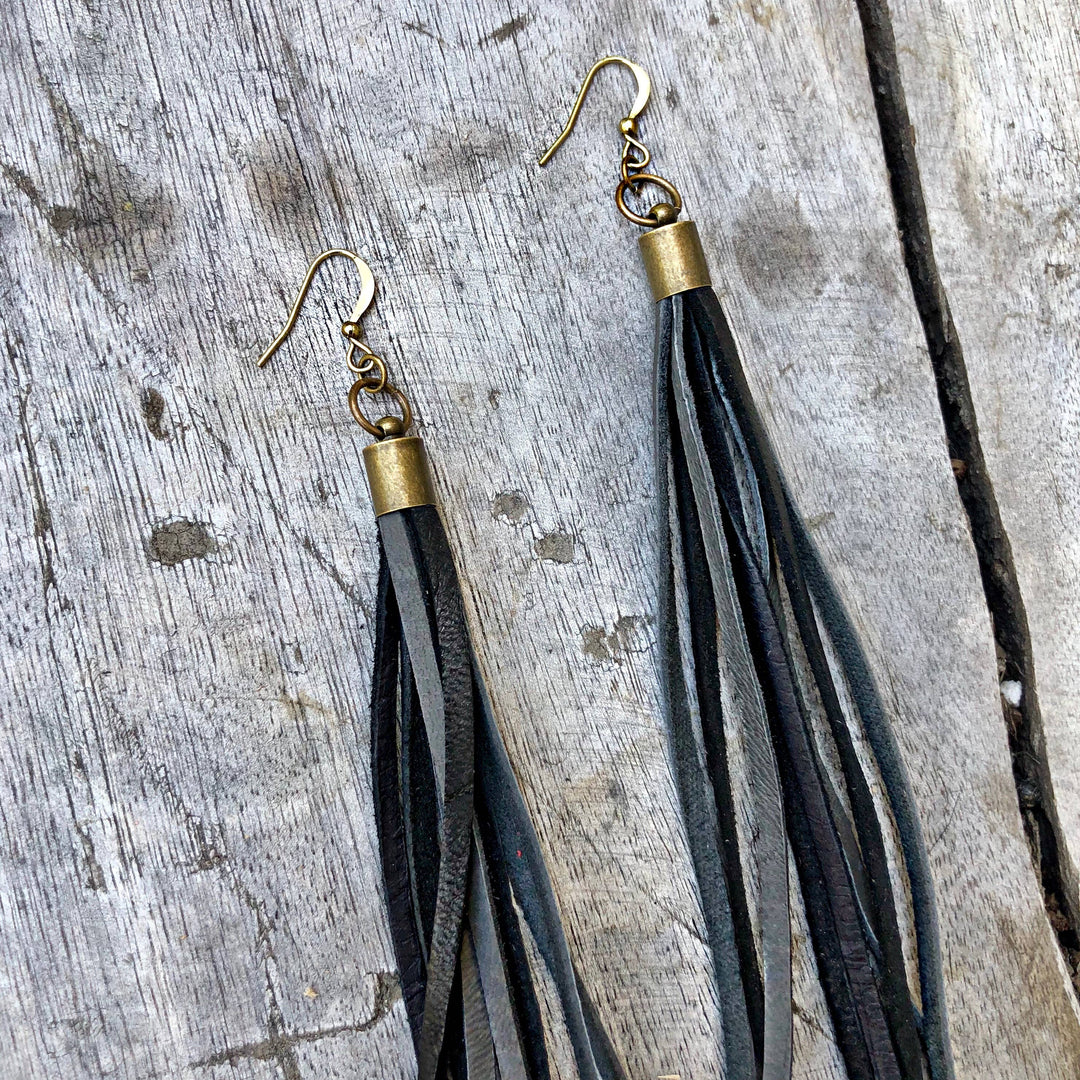 Leather Tassel Earrings - Charcoal & Black, Boho Western