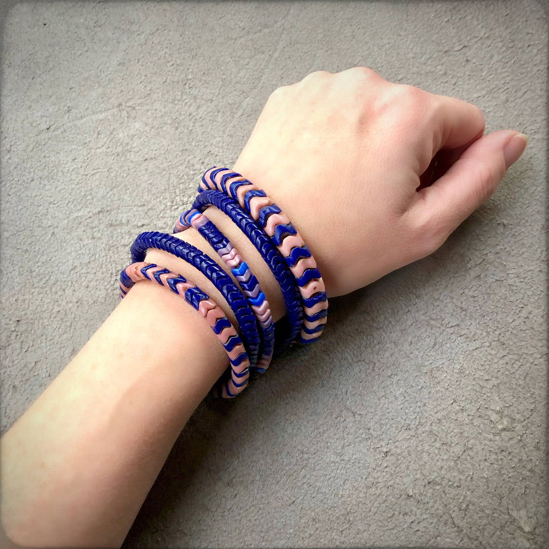 Snake Glass Bracelet - Indigo Blue, Chevron Bead Bracelet: Large - 8.5"