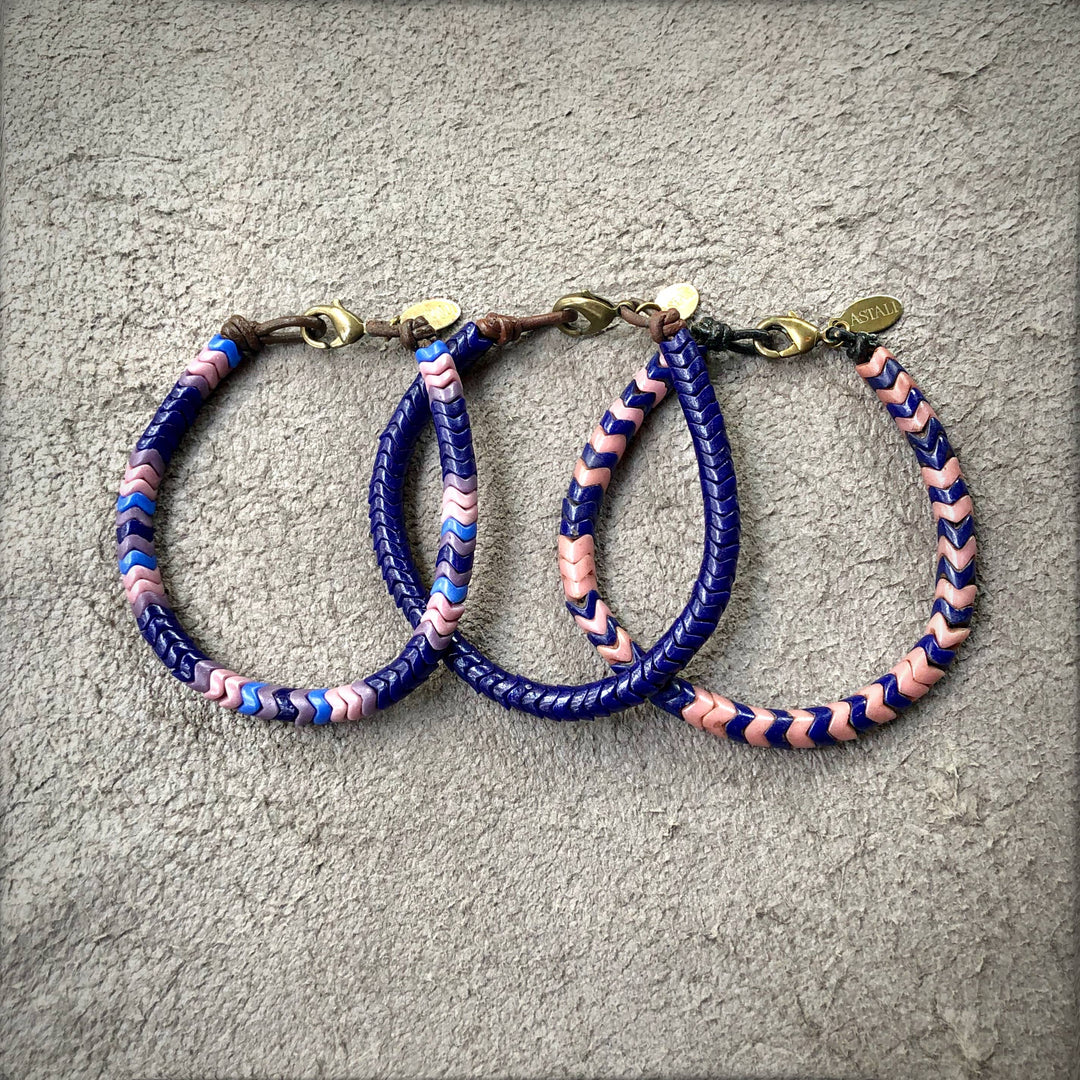 Snake Glass Bracelet - Indigo Blue, Chevron Bead Bracelet: Large - 8.5"