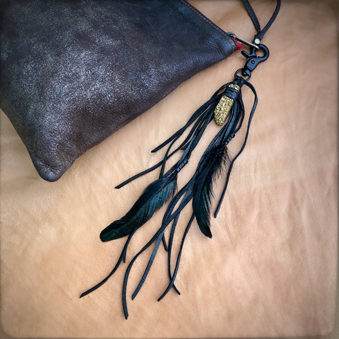 Feather & Leather Clip -Black & Gold Druzy