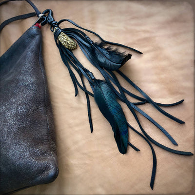 Feather & Leather Clip -Black & Gold Druzy