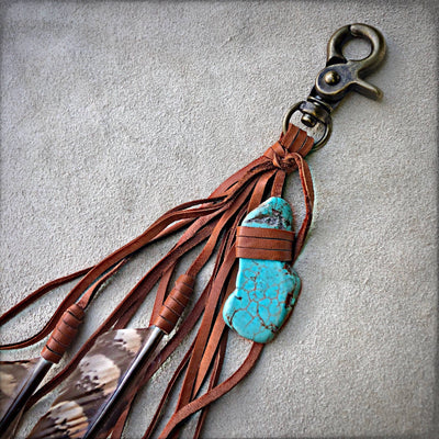 Feather & Leather Clip - Rust & Turquoise